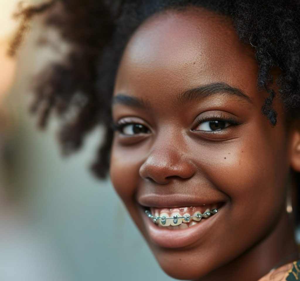 a black girl with braces on her teeth smiling, mediun shot, hyper realistic photo --ar 16:9 --style raw --v 6 Job ID: 7eaaf1e3-c58c-44dc-8cdf-f5d14e29c96c